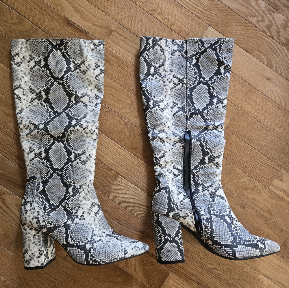 Heeled cream and black faux snake skin boots